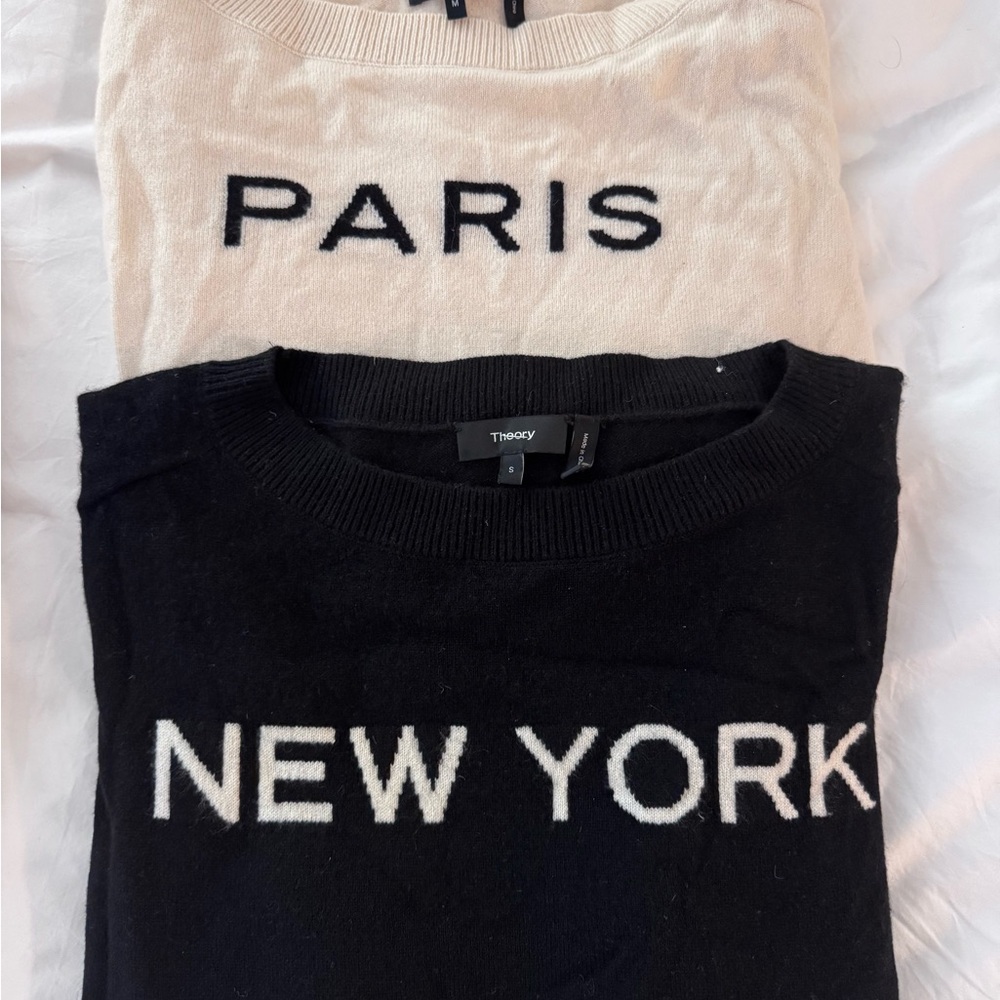 Theory Black & Cream 'New York' and 'Paris' Graphic Sweaters